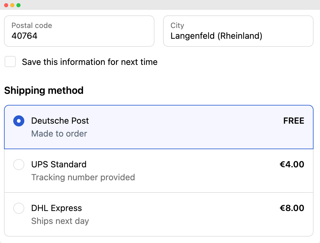 Clean Shopify checkout showing streamlined shipping rates